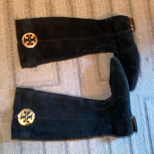Tory Burch black suede boots with gold emblem